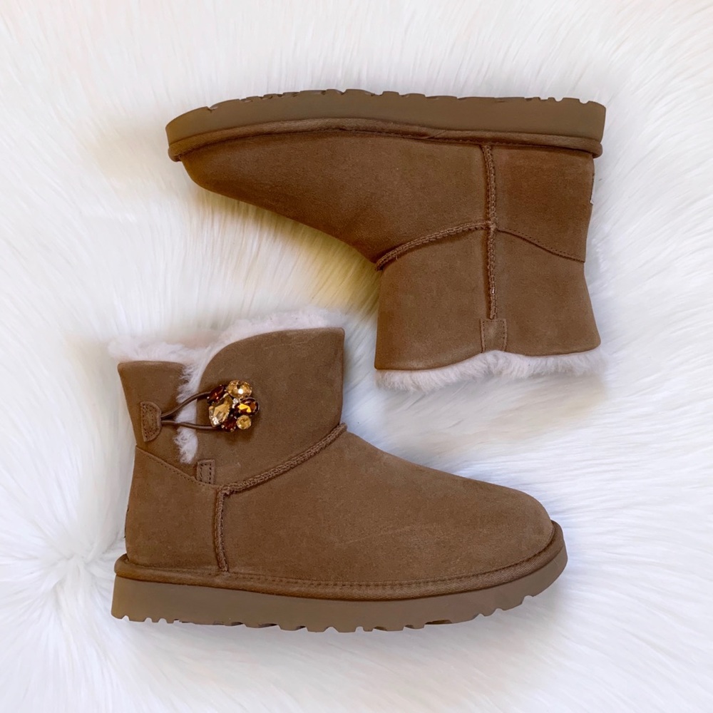 UGG Mini Bailey Button Gem Chestnut Boots - Picture 3 of 9